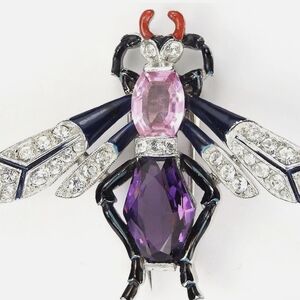 Crown Trifari Vintage Signed Amethyst and Pink Topaz Pave and Enamel Brooch